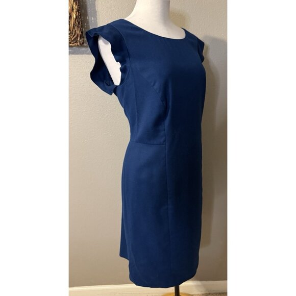 Talbots Sheath Dress 14P Blue Italian Flannel Short Ruffle Sleeve Career Church - Picture 5 of 13
